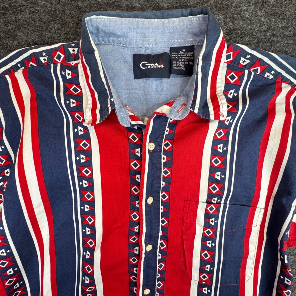 Catalina Button Down Shirt Mens Large Red Blue Nautical Flag‎ Stripe USA